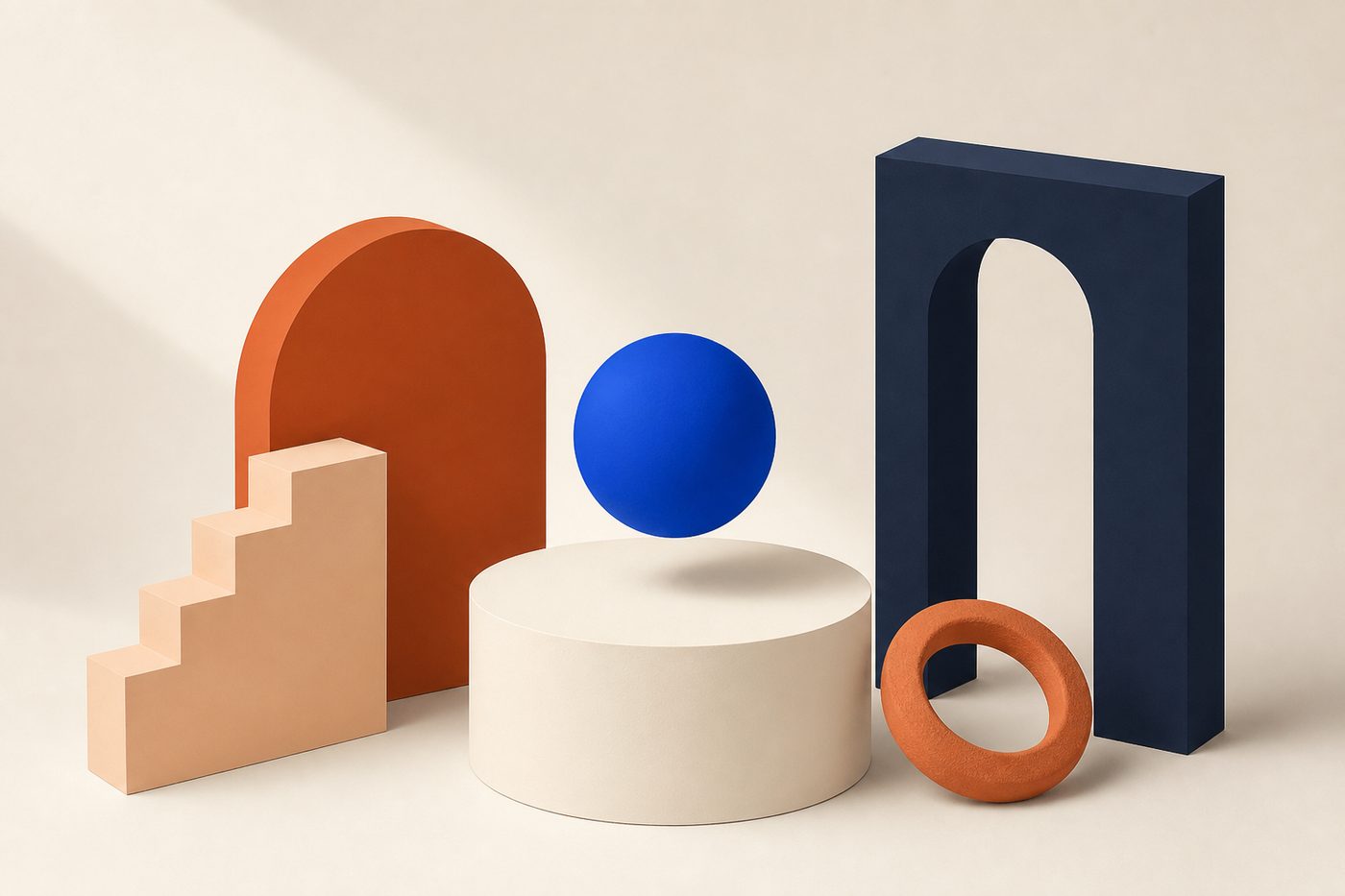 Pedestal crema vacío con una esfera azul suspendida justo encima
