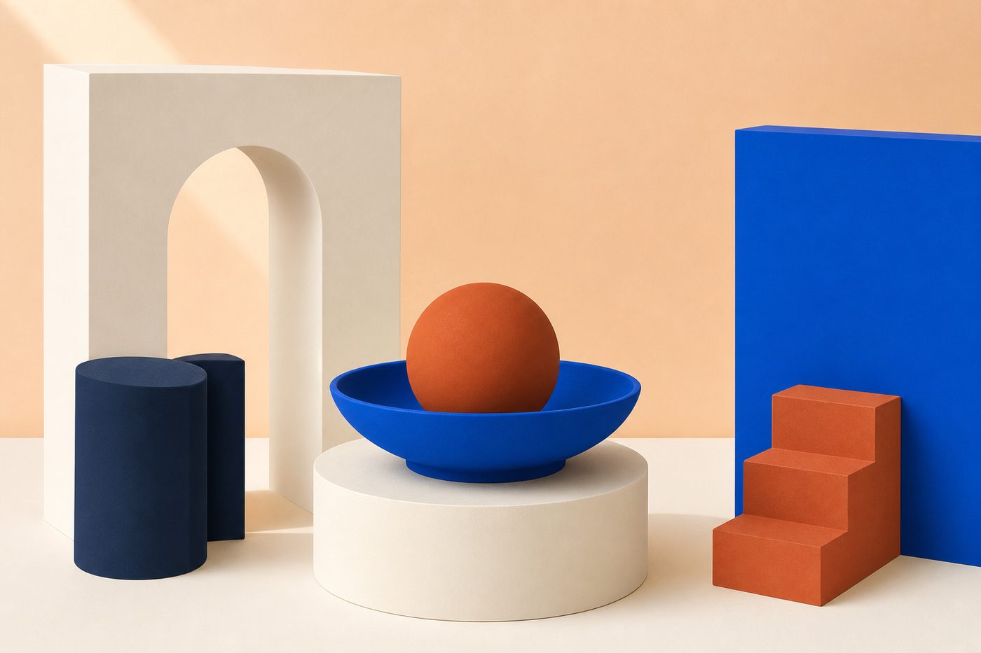 Cuenco azul poco profundo sobre un pedestal crema con una esfera de terracota dentro