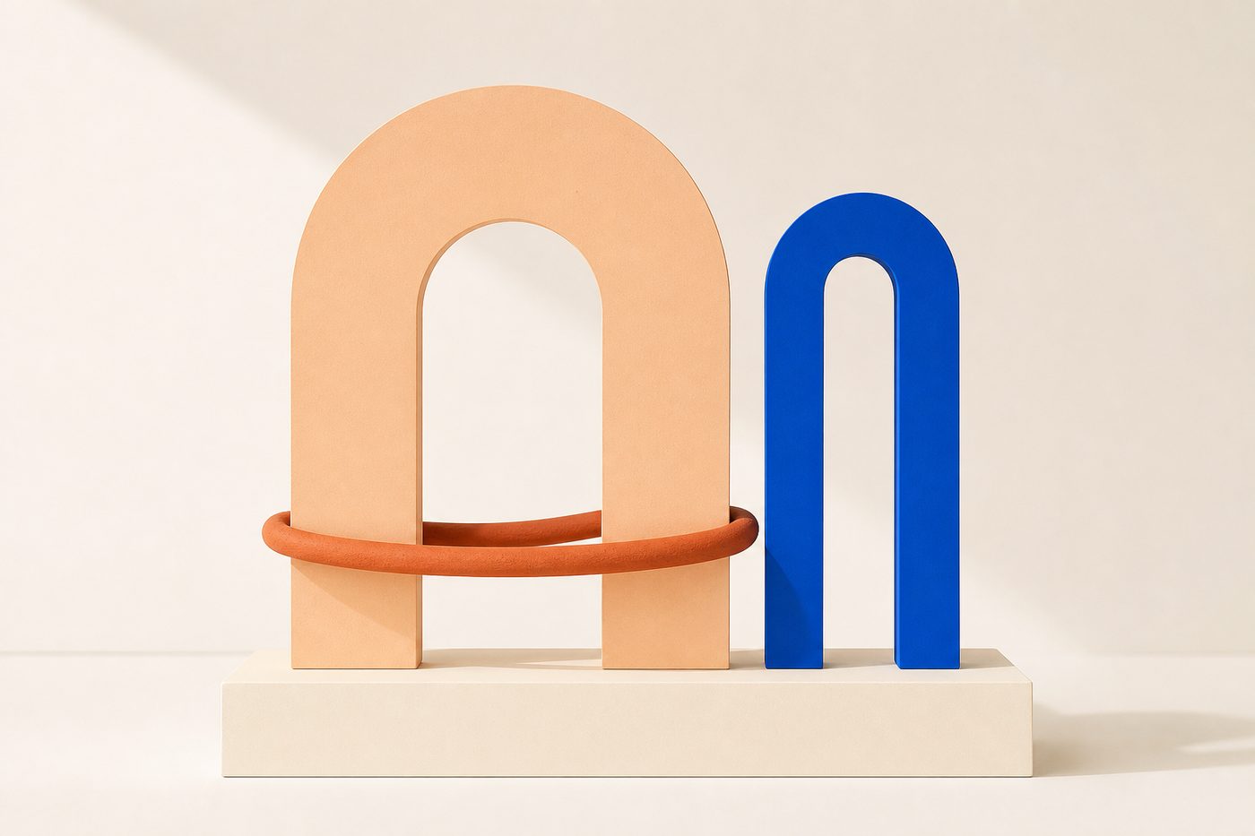 Arco albaricoque ancho y arco azul estrecho juntos sobre una base crema con un cordón de terracota