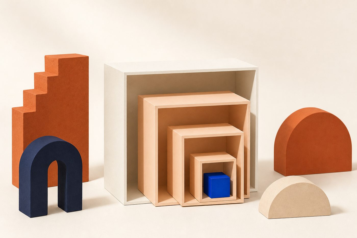 Cajas abiertas crema y albaricoque de tamaño decreciente alineadas, con un cubo azul en la más pequeña
