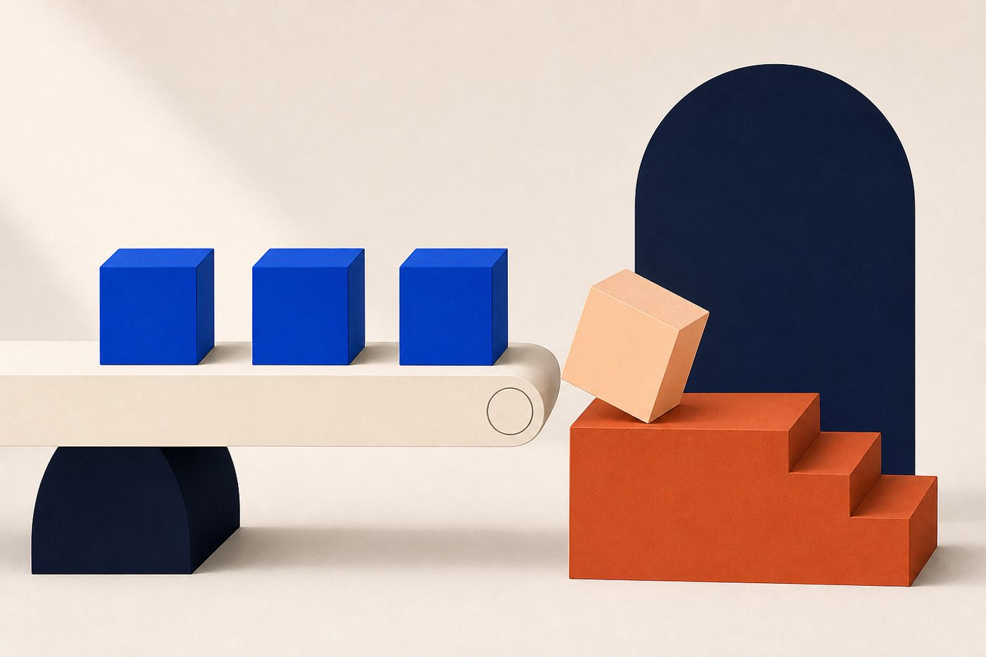 Tabla crema que transporta tres cubos azules mientras un cubo albaricoque baja al final