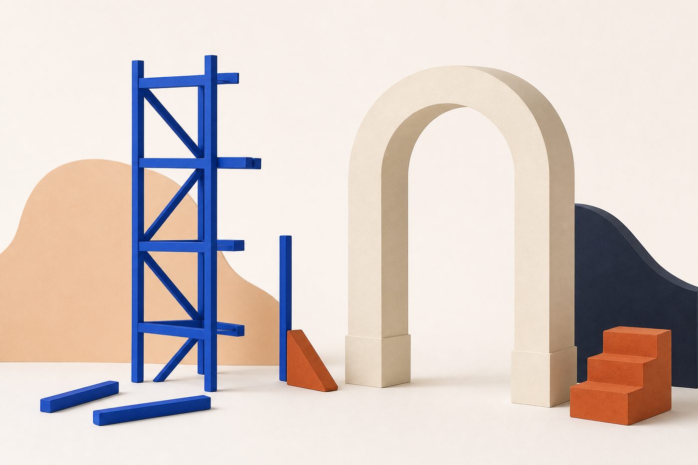 Un andamio azul a medio desmontar junto a un arco de papel crema que ya se sostiene solo