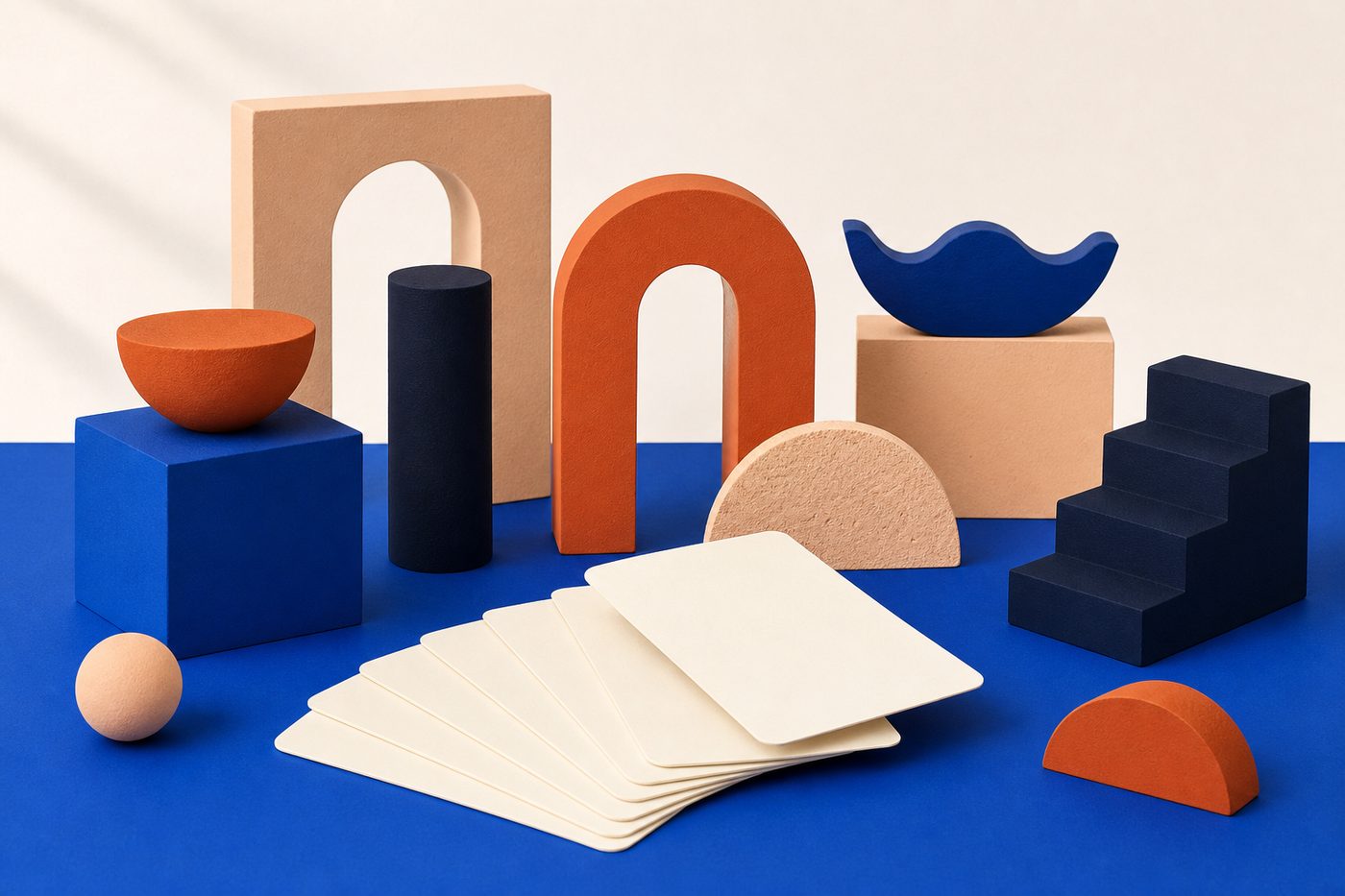 Tarjetas de papel crema abiertas en abanico sobre una superficie azul cobalto