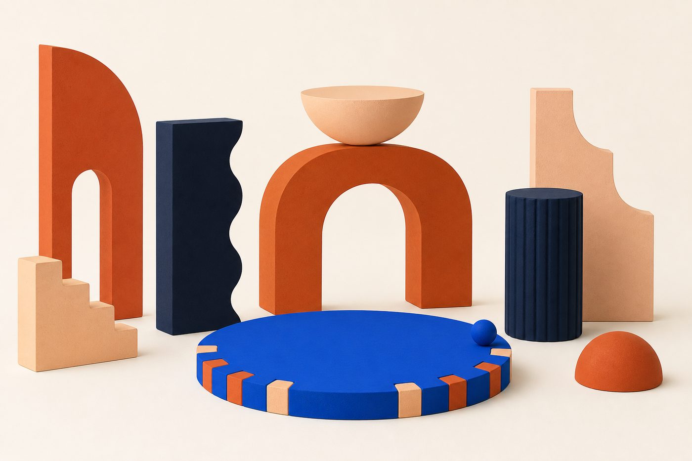 Disco azul plano sobre superficie crema con segmentos de terracota y albaricoque tallados en el borde