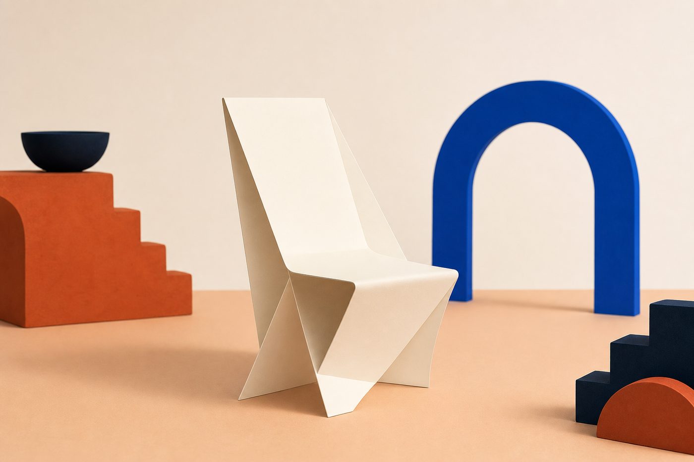 Forma abstracta de papel plegado a modo de silla vacía sobre un suelo color albaricoque