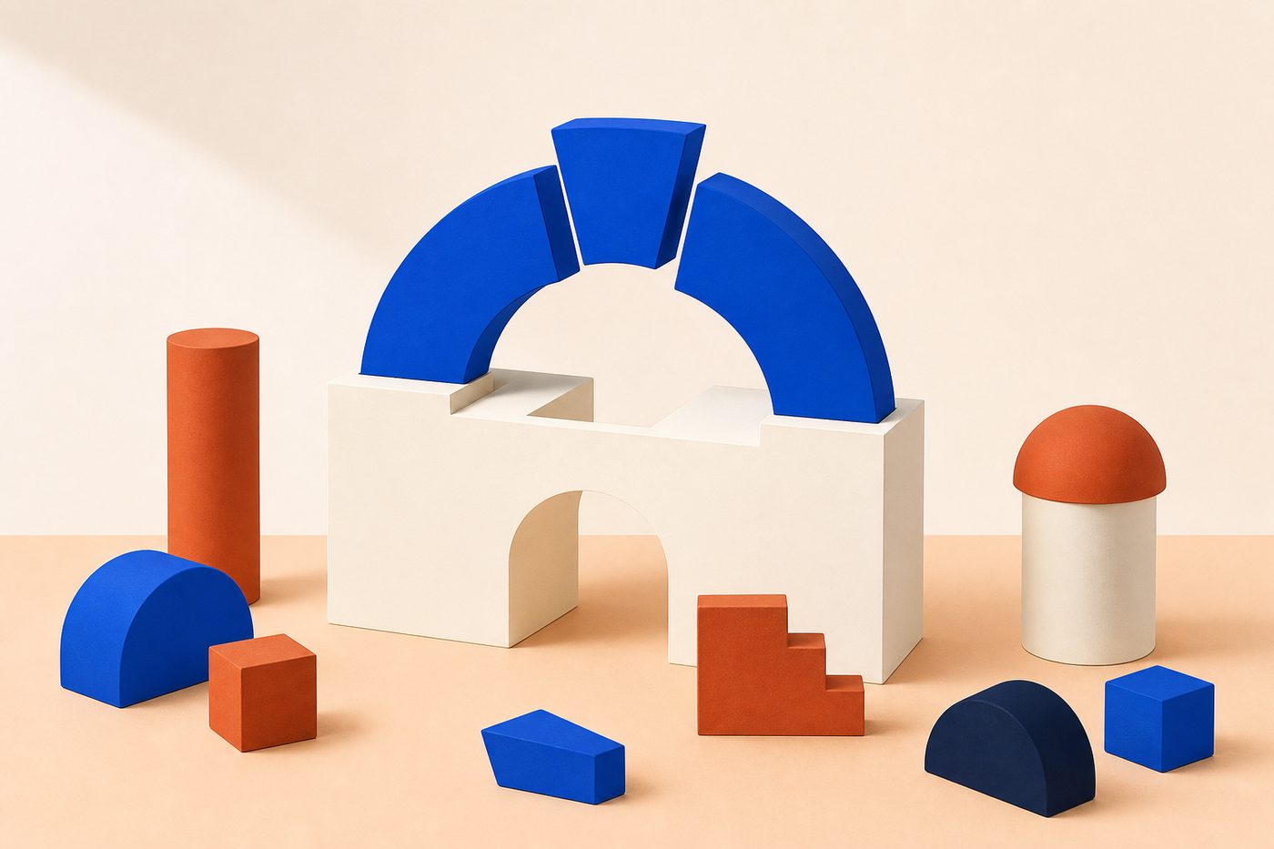 Cubo crema en proceso de reensamblarse en un arco azul con bloques sueltos alrededor