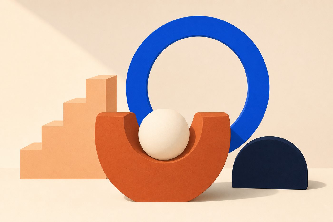 Esfera crema apoyada en el hueco de una gran forma de arcilla con un anillo azul detrás