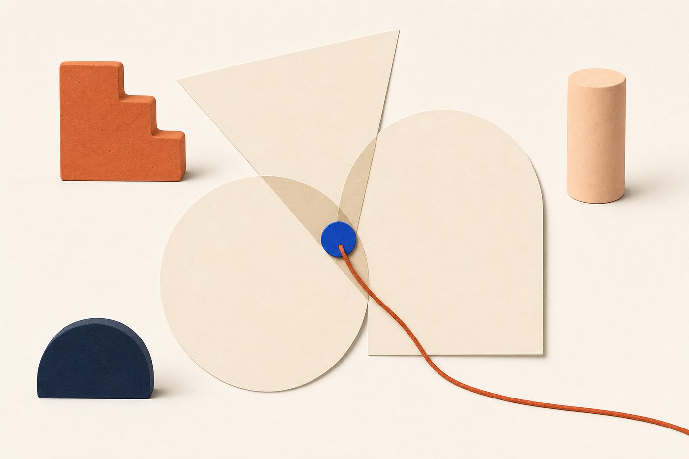 Tres formas de papel crema superpuestas, con un disco azul en la zona común y un hilo de terracota saliendo de ella